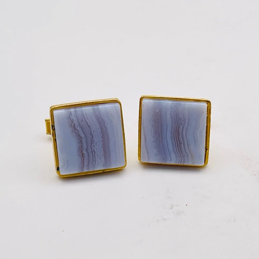 Striking Vintage Genuine Polished Blue Lace and Gold Tone Cufflinks